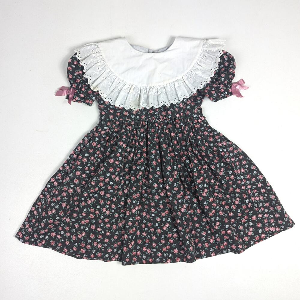 Vtg Handmade Dress Girls Sz 6 Black Floral Pageant Party Frilly Southern Belle